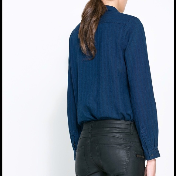 Zara Indigo Stripe Denim Long Sleeve Button Up XS - Picture 6 of 6